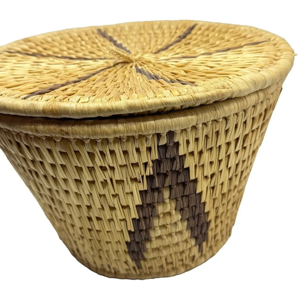African Lidded Basket Handwoven Raffia Geometric Boho Afrohemian Decor Storage